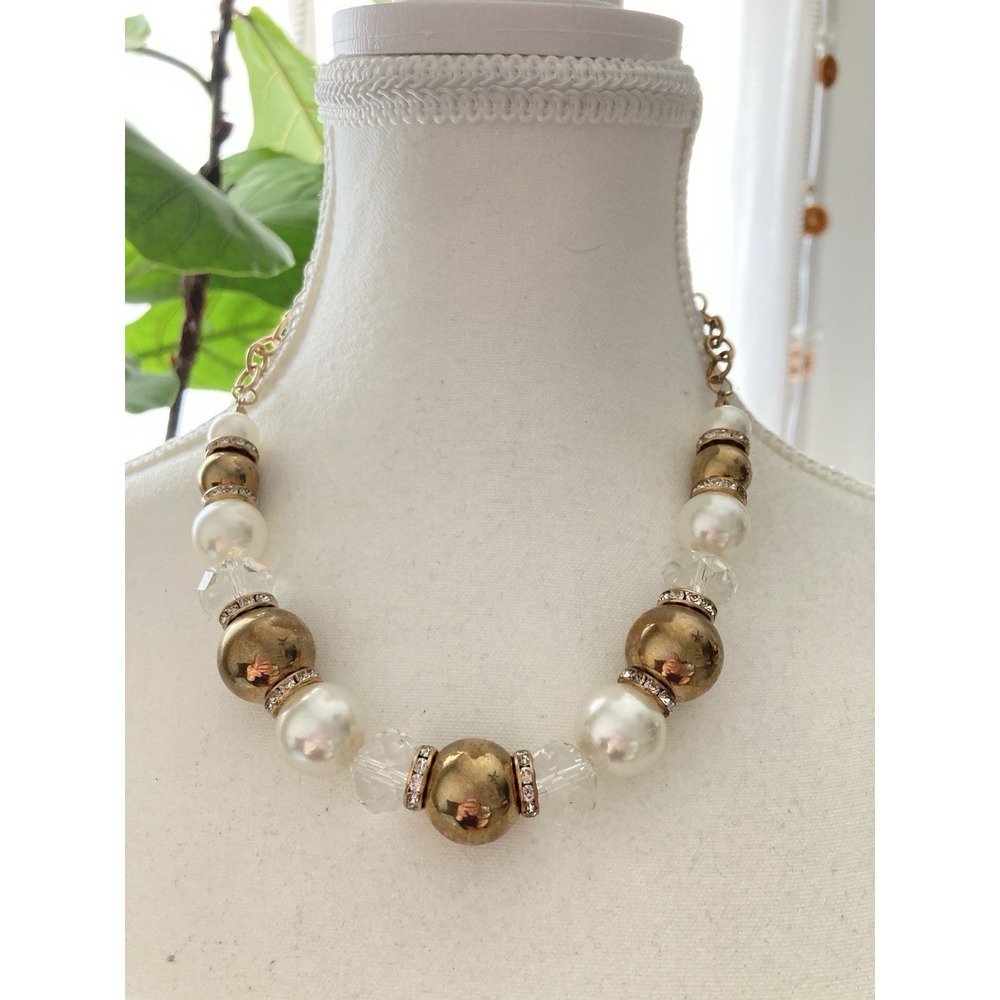 Gold Tone Faux Pearl Beaded Collar Necklace Rhinestone Statement Glam Couture